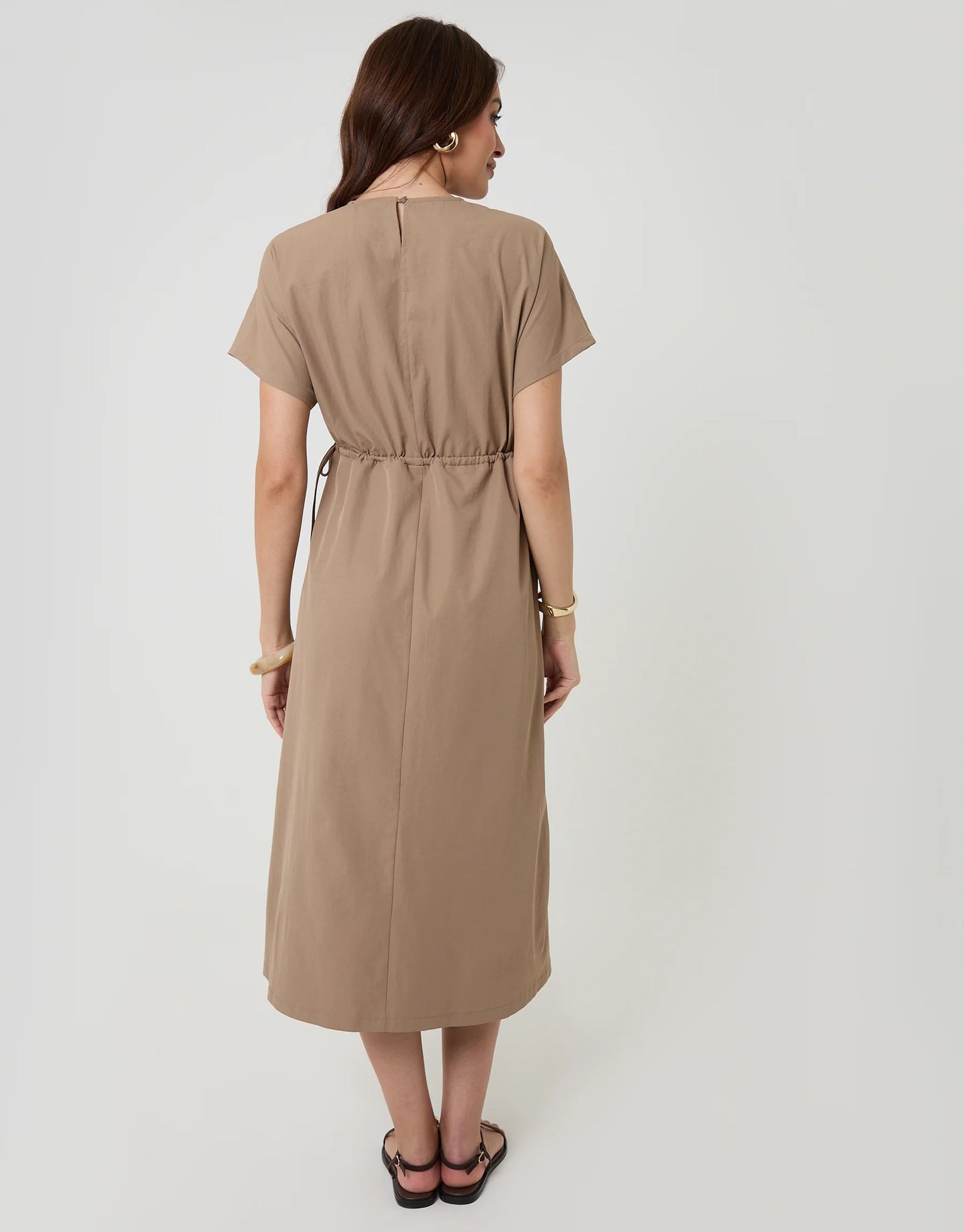 Taupe Kimono Sleeve Drawstring Waist Midi Dress