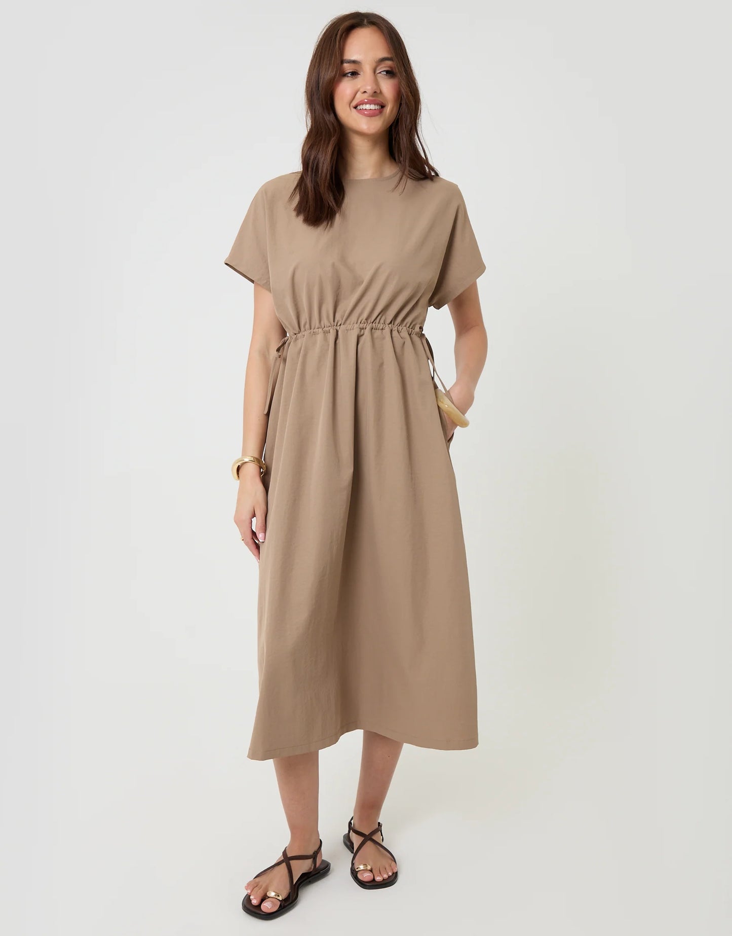 Taupe Kimono Sleeve Drawstring Waist Midi Dress
