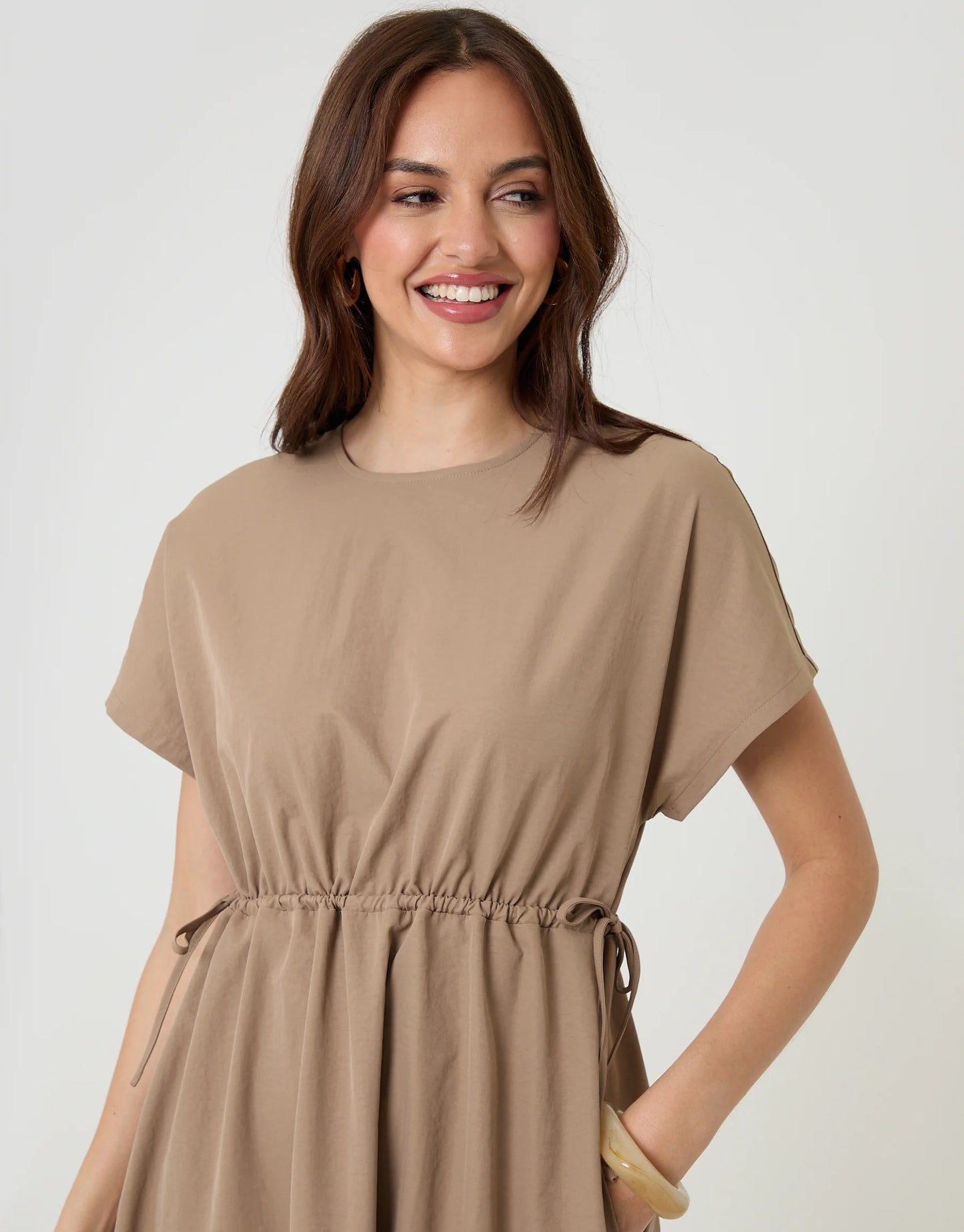 Taupe Kimono Sleeve Drawstring Waist Midi Dress